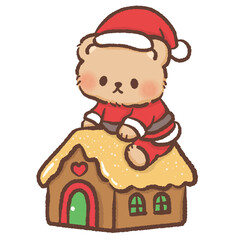 Adorable brown bear in Santa suit sitting on gingerbread house roof kawaii Christmas bakery illustration cozy festive winter holiday sweet dessert design