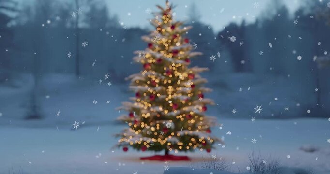 Christmas Tree Adorned with Snowflakes Animation on Winter Background