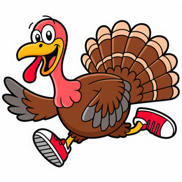Cartoon turkey running in sneakers a fun vector illustration for Thanksgiving isolated on white background
