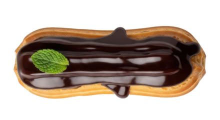 Isolated traditional French chocolate eclair pastry with shiny glaze and fresh mint leaf sweet dessert concept