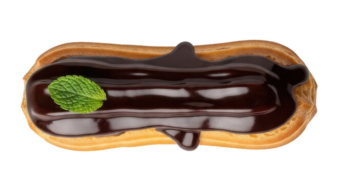 Isolated traditional French chocolate eclair pastry with shiny glaze and fresh mint leaf sweet dessert concept - Powered by Adobe