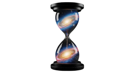 Hourglass filled with galaxies on black background