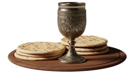 Ornate Chalice and Unleavened Bread on Wooden Platter