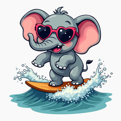 Fototapeta premium Vector drawing for children, teenager t-shirt. Blue baby elephant boy on surfboard on sea wave isolated on white background. Cartoon design for fabric, paper, clothing.