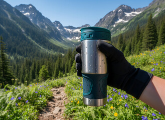 Hand holding thermos cup in mountain landscape with flowers   