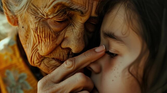 An elderly person shares a heartwarming moment with a young child.