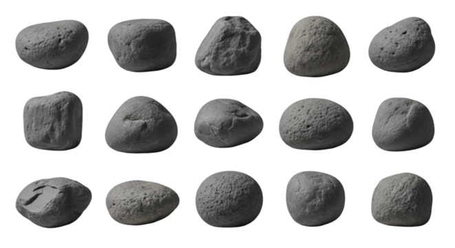 Collection of Smooth and Textured Gray Stones on Black Background