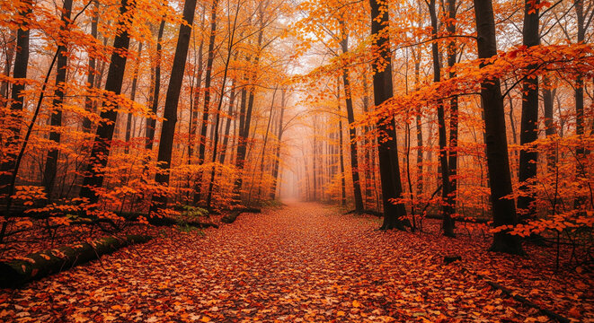 A beautiful autumn forest path covered in vibrant orange and red leaves, bathed in soft, misty sunlight
