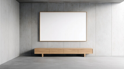 Clean realistic mockup of a minimalist room with wooden cabinet and blank poster on concrete wall. Perfect for modern design and architecture presentations