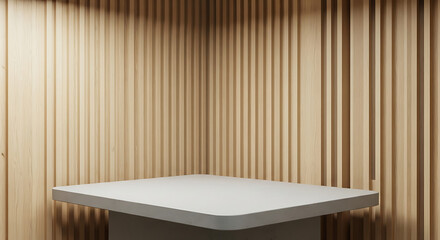 Fototapeta premium 3D rendering AI generated clean and minimalist product display scene with a square white podium in a room featuring natural wooden vertical slats as a backdrop. Modern aesthetic.
