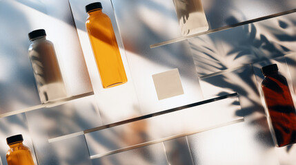 Artistic product mockup with glass shelves, sunlight, and realistic shadows. Ideal for branding, packaging presentation, and minimalist advertising visuals