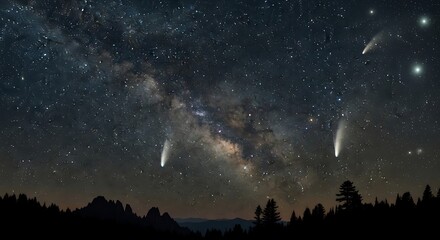 Fototapeta premium Spectacular Night Sky Filled With Comets and the Milky Way Over a Silhouetted Forest.