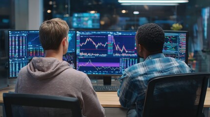 two diverse crypto traders brokers stock exchange market investors discussing trading charts research reports growth using pc computer looking at screen analyzing invest strategy financial risks no l