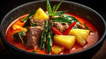 Beef curry with pineapple asparagus chili peppers and herbs in a bowl Thai curry