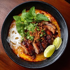 Sliced roasted duck with noodles mint lime and fried onions in broth roast duck