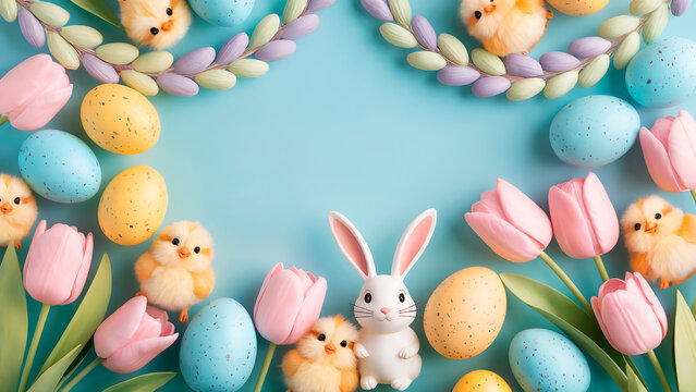An Easter greeting card design featuring a whimsical arrangement of pastel-colored Easter decorations against a soft sky-blue background. Scattered throughout the scene are speckled robin&rsquo;s egg blue e