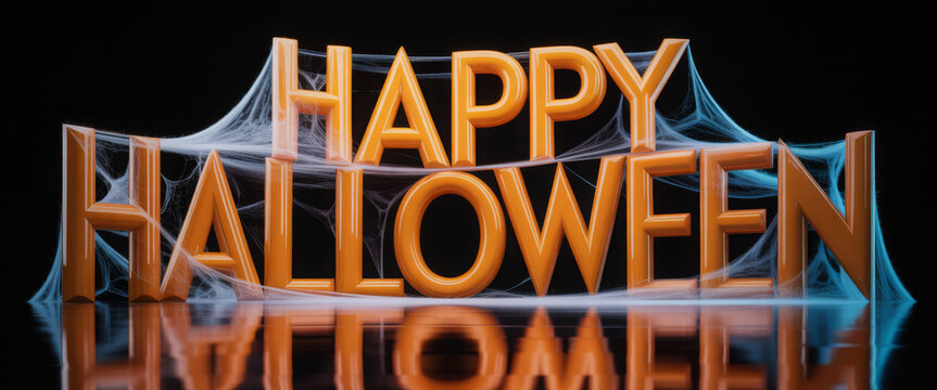 Happy Halloween text spooky lettering with spider web perfect for holiday greetings and seasonal designs - Powered by Adobe