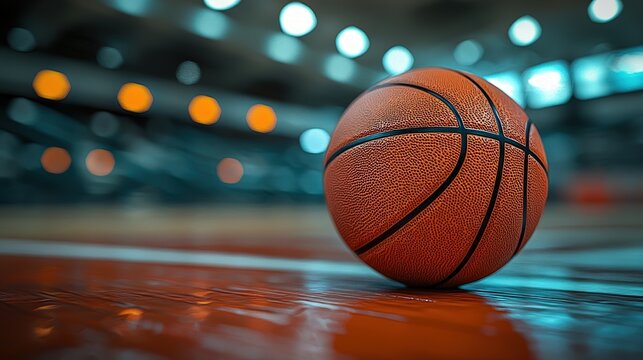 Basketball on a polished court with blurred background lights.