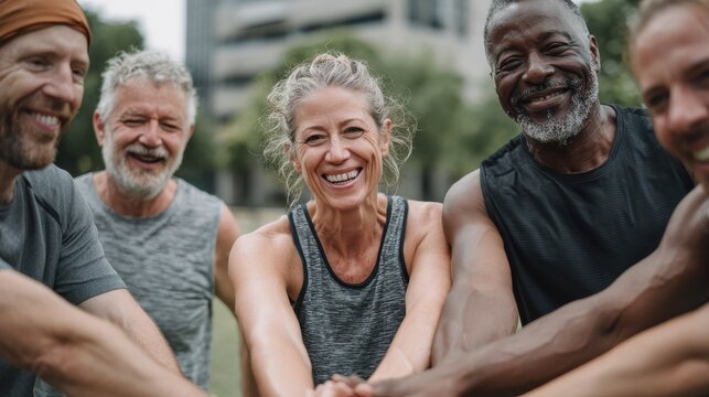 laughing mature and multiethnic sports people at park happy group of men and women smiling and stacking hands outdoor after fitness training mature sweaty team cheering after intense training no logo - Powered by Adobe