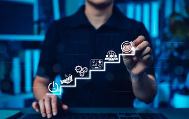 Business growth and success strategy Concept. Person drawing steps toward target success, step-by-step strategy, and achieving goals. goal setting, objective, business ventures, strategic planning,