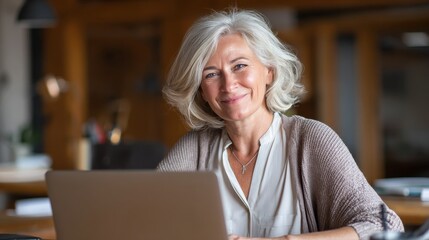 smiling mature middle aged business woman using laptop working on computer sitting at desk happy old businesswoman hr holding cv interviewing distance applicant senior seeker searching job online no 