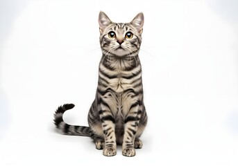 Tabby Cat Sitting Upright Against White Background — Symmetrical Fur Pattern and Curious Upward Gaze in Studio Portrait