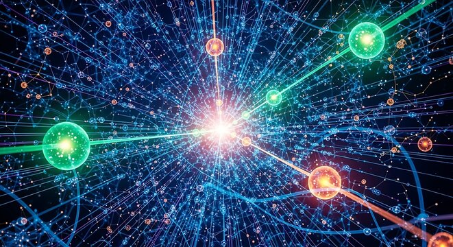 Abstract digital art of interconnected data points and glowing energy.