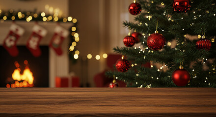 Festive Christmas Scene with Tree, Fireplace, and Wooden Table.