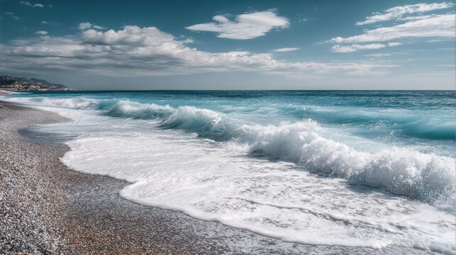sea landscape is a pebbly beach with waves in white foam no logos no brands ar 169