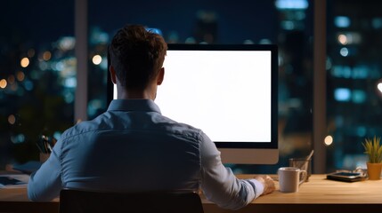 over shoulder view at business man using desktop computer looking at mock up white blank screen monitor for advertising working late e learning online on website watching webinar at home office no lo