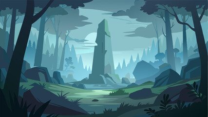 A misty forest clearing dominated by a towering stone monolith rumored to hold mystical powers and revered by locals as a sacred site.