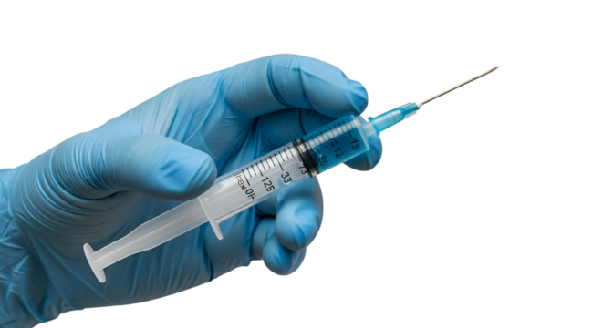 Hand in Blue Glove Holding Syringe with Blue Liquid