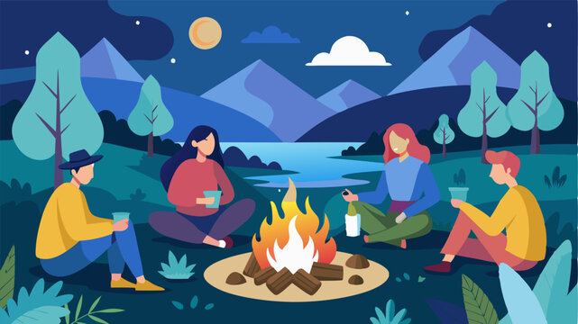A group of friends gathered around a crackling campfire by the river roasting marshmallows and sharing stories.