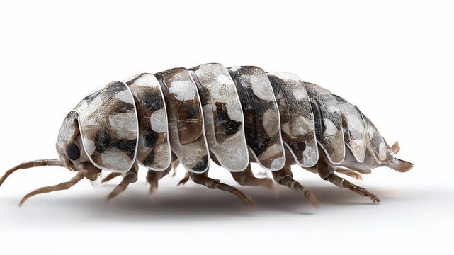 Detailed Macro Shot of a Pill Bug on White Background.
