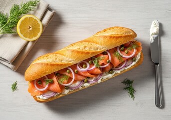 Smoked Salmon Sandwich with Cream Cheese, Red Onion, Capers, and Fresh Dill