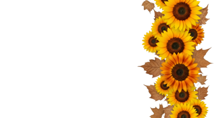 Vertical Border of Sunflowers and Autumn Leaves on Black