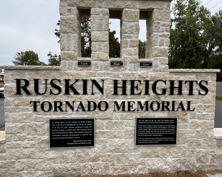 The newly reconstructed memorial to the victims of the 1957 Ruskin Heights Tornado. October 15, 2025. 