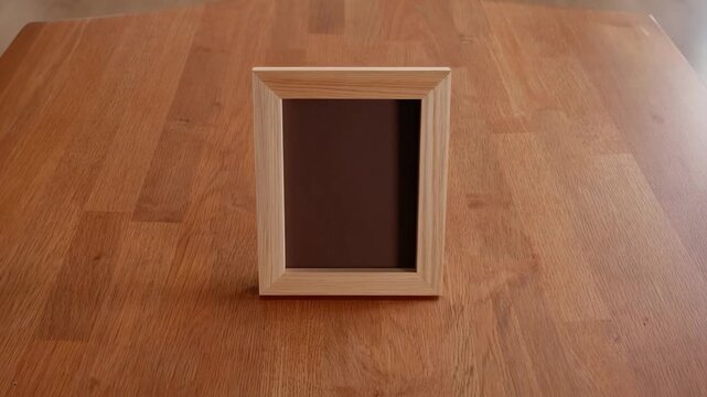 This video displays a simple, empty wooden photo frame standing upright on a polished wooden table. The minimalist setting emphasizes the elegance of natural wood, inviting ideas for personal memories