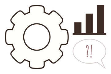 Large gear beside a three-bar graph and speech bubble with question marks. Ideal for innovation, productivity, problem-solving, decision-making, troubleshooting, process analysis, teamwork. Simple