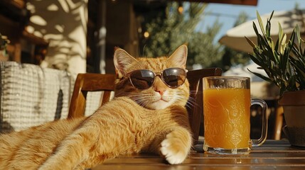 Cool Cat Lounging with Orange Juice and Sunglasses on a Sunny Day.