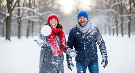 Couple having fun playing with snowballs in winter park.
