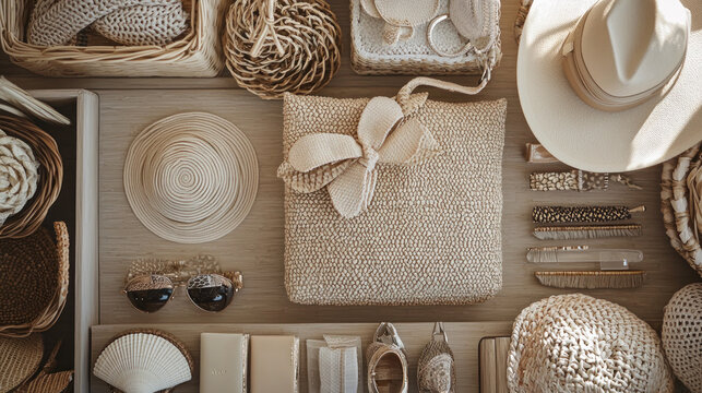 Overhead shot of a display featuring hats, bags, sunglasses, and accessories in neutral tones