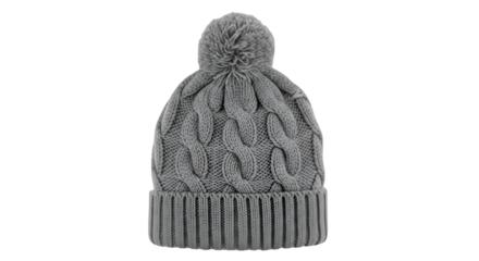 Gray Cable Knit Beanie with Pom-Pom