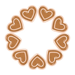 Round frame with gingerbread heart cookies in festive style. Vector isolated illustration on white background. 