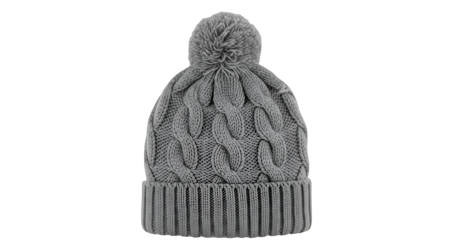 Gray Cable Knit Beanie with Pom-Pom