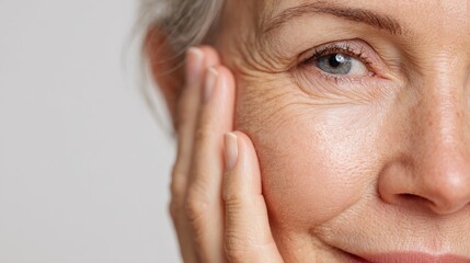 50s middle aged old woman looking at camera isolated on white background advertising dry skin care treatment anti age skincare beauty plastic surgery cosmetology procedures close up half face view no