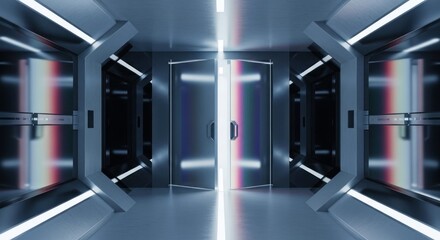 Shiny futuristic corridor with light streaming from open metallic doors