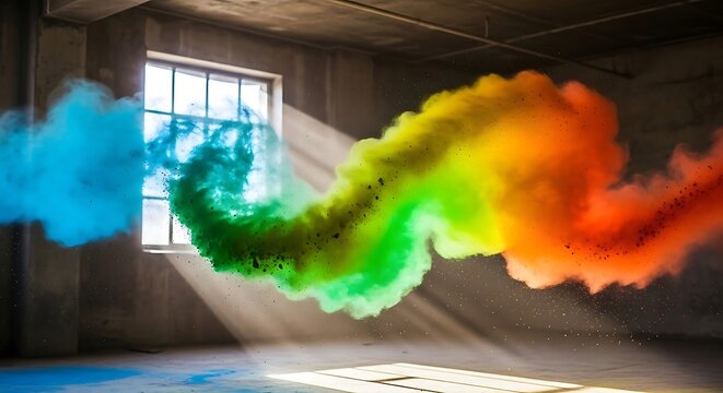 Dynamic explosion of rainbow-colored powder and dust suspended in the air of a dark, derelict warehouse, illuminated by a sunbeam from a window. - Powered by Adobe