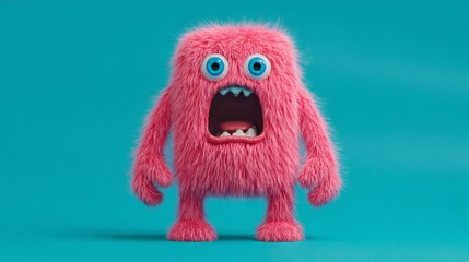 Fototapeta premium Cute pink fluffy monster with wide open mouth expressing surprise or shock. Childish character for children book or game design.
