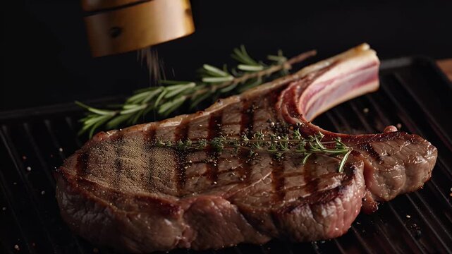 Juicy bone-in ribeye steak with grill marks, fresh rosemary, and a pepper mill in the background